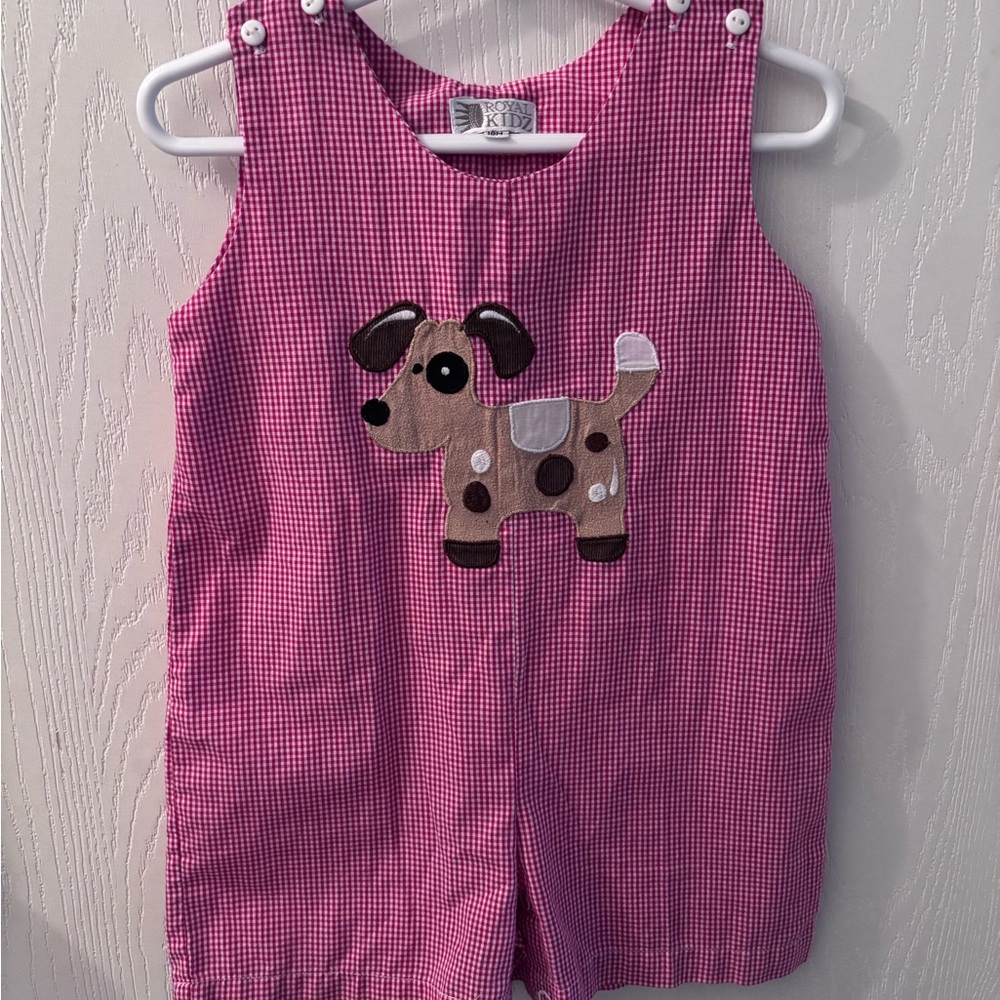 Pink Gingham Kids One Piece with Dog Appliqué